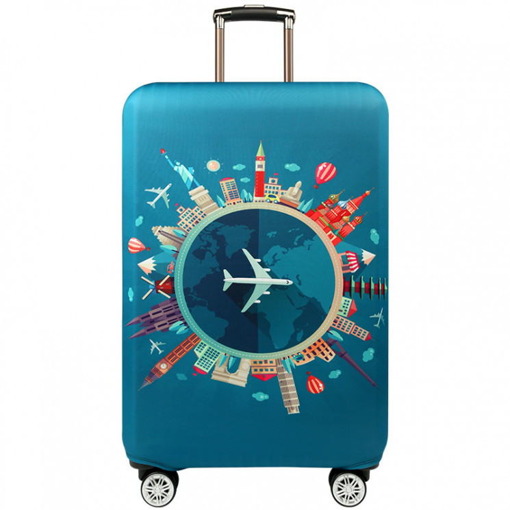 Захисний чохол "World Travel" для валізи (Розмір XL) з кольоровим принтом, щільний матеріал, що витягується, вирізи під ручки 