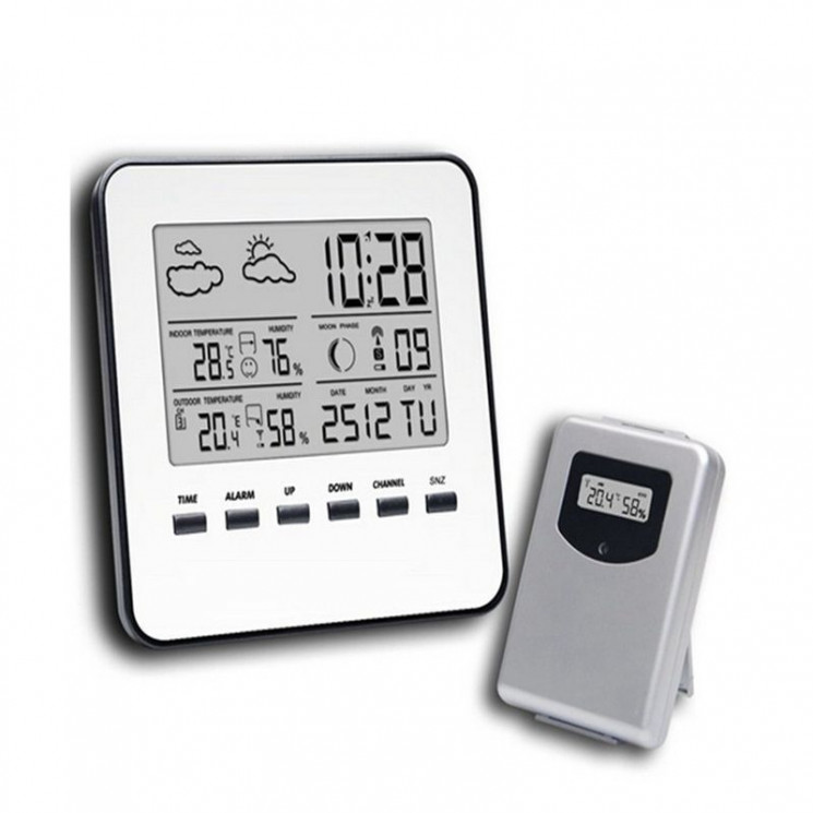 Desk clock - weather station with wireless temperature and humidity sensor, alarm clock, weather condition, moon phases
