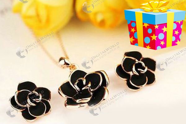 Set of earrings and pendant Lija black enamel and gold plated