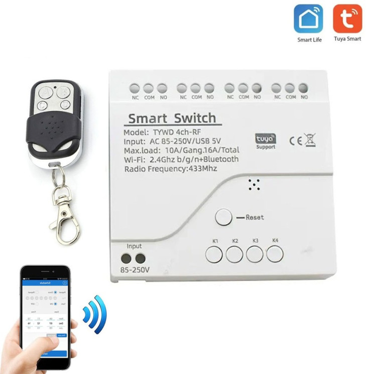 Tuya 4-channel WiFi 220V smart relay with remote control, APP control, smart switch for gates, lighting, irrigation, and automation