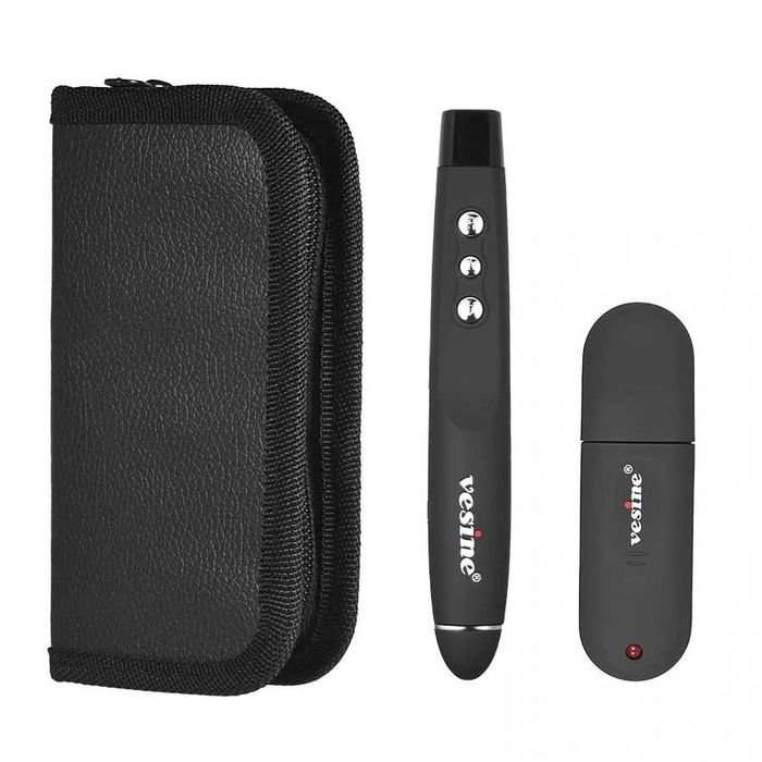 Pen-shaped presenter with built-in control panel and laser pointer 